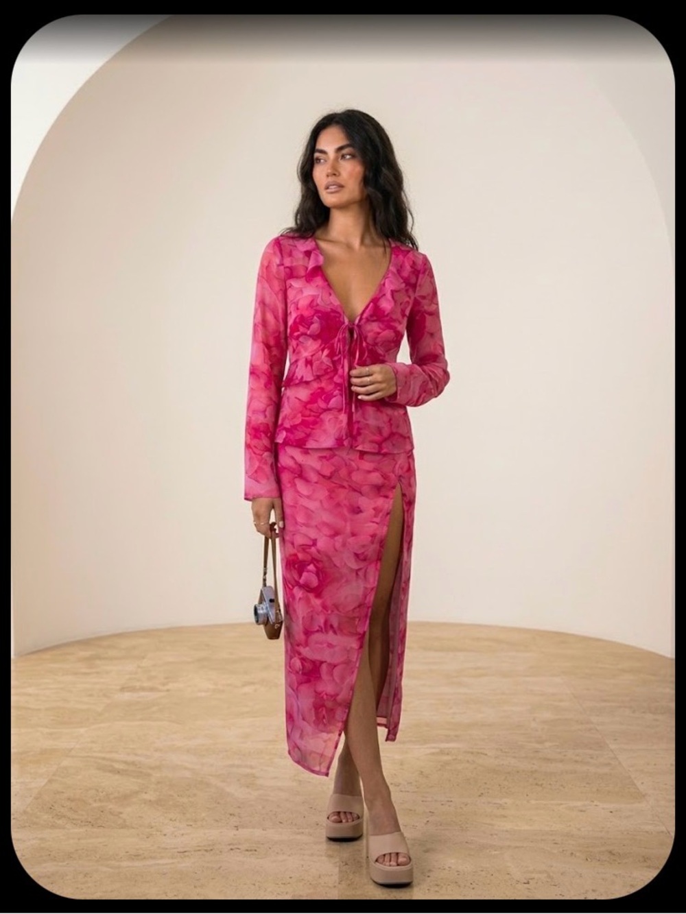 Princess Polly Pink Floral Sheer Tie-Front Top & Slit Skirt Set